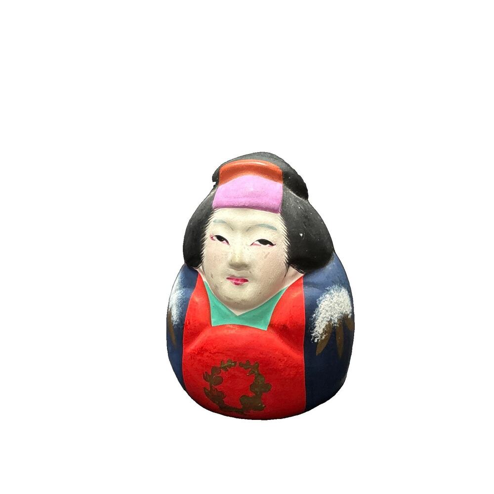 Japan Otafuku Dorei Clay Pottery Japanese Folk Art Hand Painted 2.5” Luck Charm